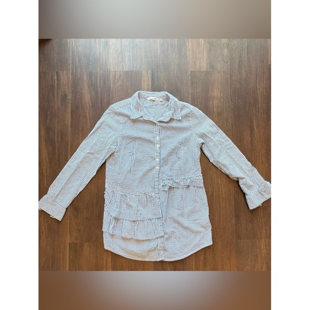 Lagenlook Artsy Soft Surroundings Striped Asymmetric Ruffle Tunic Button Shirt S